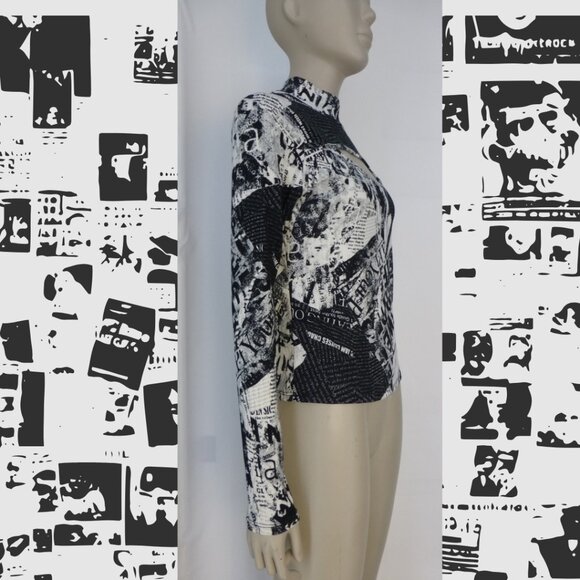 Newspaper Graphic Long Sleeve, High Neck, Cut Out At Chest Top - Picture 2 of 9